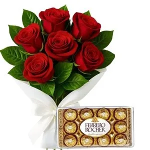Buquê de 6 Rosas Vermelhas com Ferrero Rocher