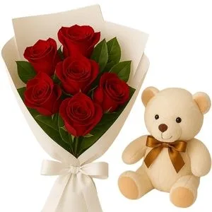 Buquê de 6 Rosas Vermelhas com Pelúcia