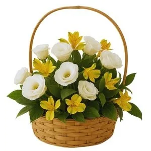 Cesta de Lisianthus Brancos e Astromélias Amarelas