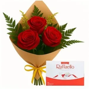 Ramalhete de 3 Rosas Vermelhas com Chocolate Raffaello