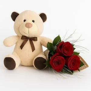 Ramalhete de 3 Rosas Vermelhas com Pelúcia