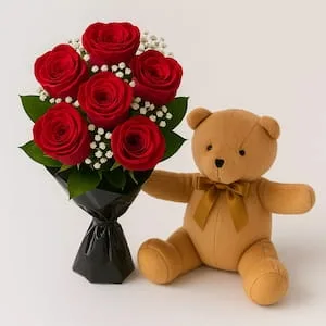 6 Rosas Vermelhas e Pelúcia