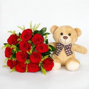 Buquê com 12 Rosas Vermelhas e Urso de Pelúcia