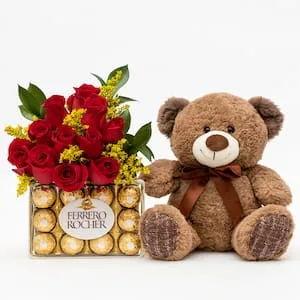 Buquê com 12 Rosas Vermelhas, Ferrero Rocher e Urso de Pelúcia