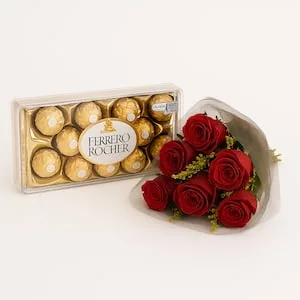 Buquê com 6 Rosas Vermelhas e Caixa de Ferrero Rocher