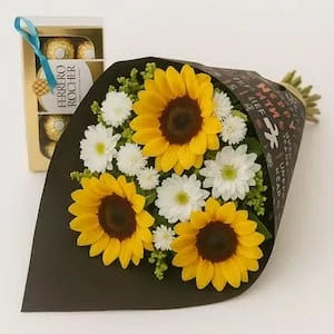 Buquê com Girassóis, Margaridas Brancas e Ferrero Rocher