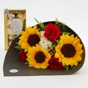 Buquê com Girassóis, Rosas Vermelhas e Ferrero Rocher