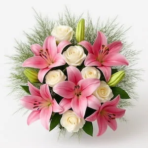 Buquê de Lírios Cor-de-Rosa e Rosas Brancas