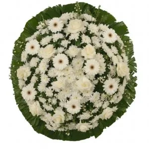 Coroa de Flores Brancas com Rosas, Gérberas e Crisântemos
