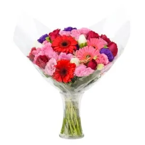 Arranjo Colorido com Rosas, Gérberas, Lisianthus e Lírios em Vidro