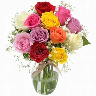 Arranjo De 12 Rosas Coloridas Arco Iris