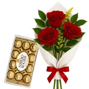 Buquê Rustico 3 Rosas Vermelhas e Chocolate