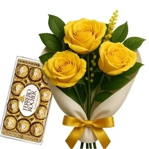 Buquê Rústico com 3 Rosas Amarelas e Chocolate