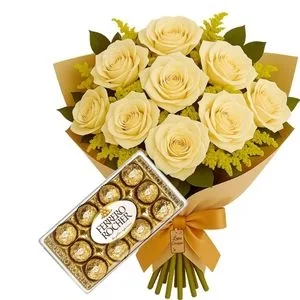 Buquê Rústico de 12 Rosas Champagne e Chocolate