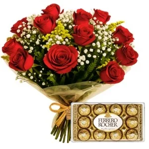 Buquê Rústico de 12 Rosas Vermelhas e Chocolate