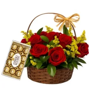 Cesta com 10 Rosas Vermelhas e Chocolate