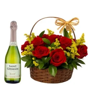 Cesta com 10 Rosas Vermelhas e Espumante