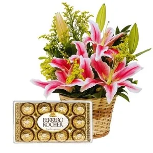 Cesta de Lírio Rosa e Chocolate