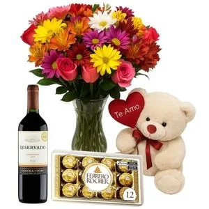 Luxuoso Mix de Flores de Flores do Campo, Pelúcia, Chocolate e Vinho