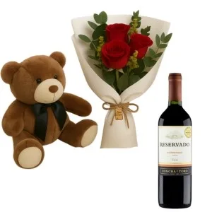 Ramalhete de Rosas Vermelhas, Pelúcia, Chocolate e Vinho