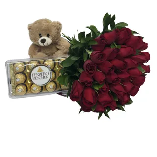 36 Rosas Vermelhas com Ferrero Rocher e Pelúcia