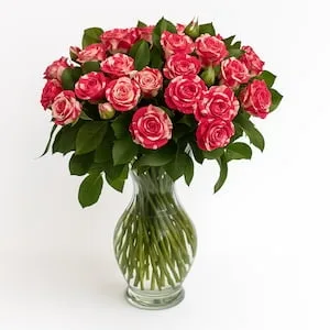 Arranjo com 24 Rosas Rosadas no Vaso de Vidro