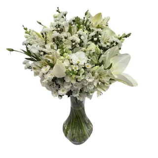 Arranjo de Flores Mistas Brancas no Vaso de Vidro