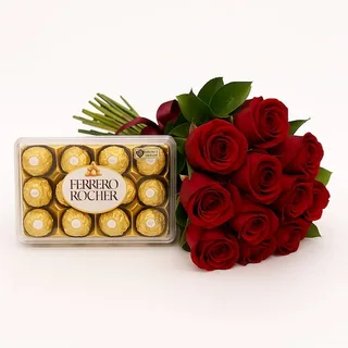 Buquê Clássico com 12 Rosas Vermelhas e Ferrero Rocher