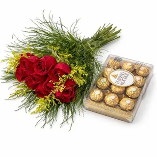 Buquê com 12 Rosas Vermelhas e Ferrero Rocher 150g