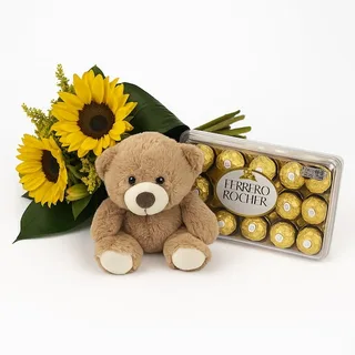 Buquê com 2 Girassóis, Ferrero Rocher e Pelúcia