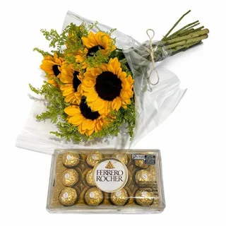 Buquê com 6 girassóis e Ferrero Rocher 150g