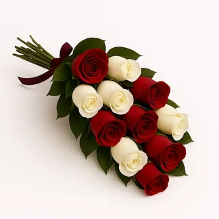 Buquê Vertical com 10 Rosas Vermelhas e Brancas
