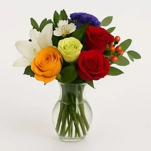 Mini Arranjo com Flores Coloridas no Vaso de Vidro