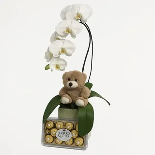 Orquídea Branca com Ferrero Rocher e Pelúcia