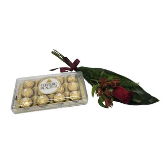 Rosa Solitária com Astromélia e Ferrero Rocher