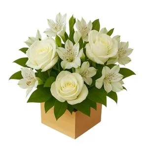 Arranjo de Rosas Brancas e Astromélias