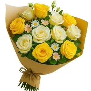 Buquê de 12 Rosas Amarelas e Branca