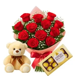 Buquê de 12 Rosas Vermelha com Chocolate e Pelúcia