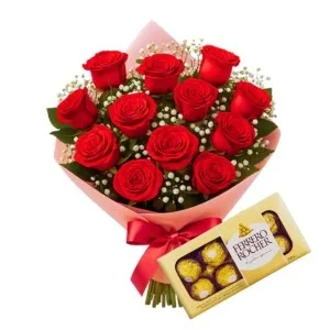 Buquê de 12 Rosas Vermelha com Chocolate