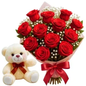 Buquê de 12 Rosas Vermelhas com Pelúcia