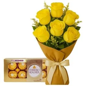 Buquê de 6 Rosas Amarela com Chocolate