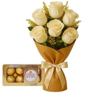 Buquê de 6 Rosas Branca com Chocolate