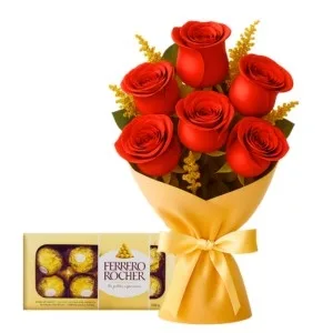 Buquê de 6 Rosas Vermelha com Chocolate