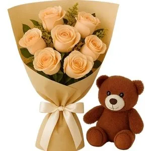 Buquê de 7 Rosas Champagne com Pelúcia