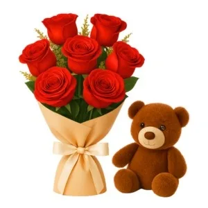 Buquê de 7 Rosas Vermelhas com Pelúcia