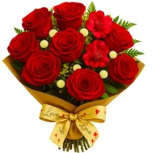 Buquê de 8 Rosas com Astromélias