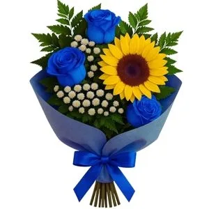 Buquê de Girassol com Rosa Azul