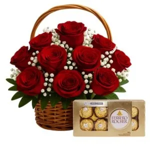 Cesta com 10 Rosas Vermelha e Chocolate