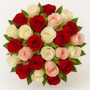 Buquê 24 Rosas Vermelhas, Brancas e Cor-de-Rosa