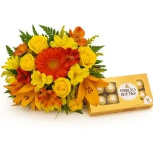 Buquê Colorido com Rosas Amarelas, Gérbera Laranja e Chocolates Ferrero Rocher